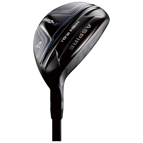 A black golf club head is displayed angled slightly to the left showcasing a sleek design with the text Aspire and Pro X clearly visible indicating its high moment of inertia within a neutral backdrop.