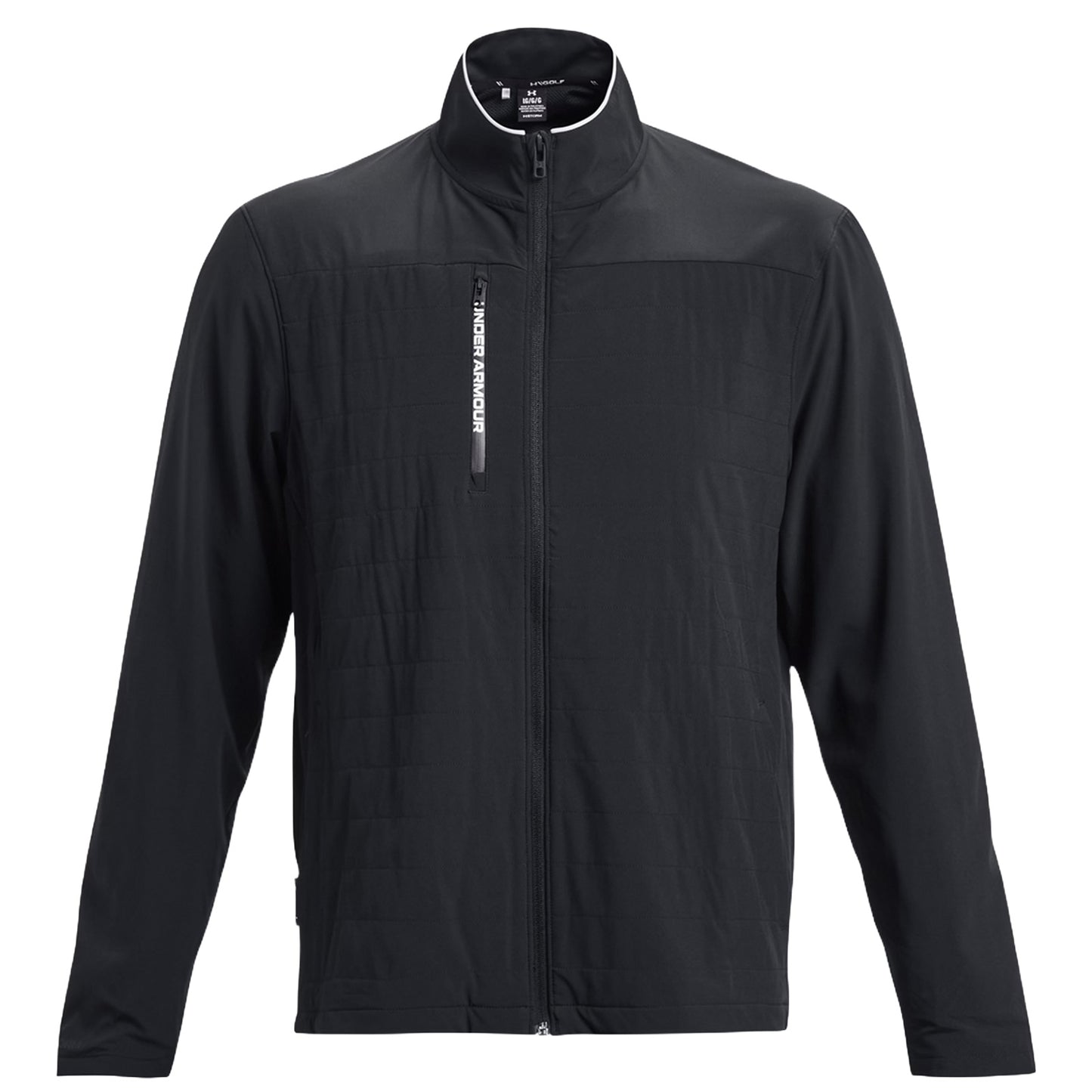 A black jacket hangs upright showcasing its zippered front and high collar made of different textured materials perfect for outdoor activities or casual wear. The design highlights sportiness and functionality.