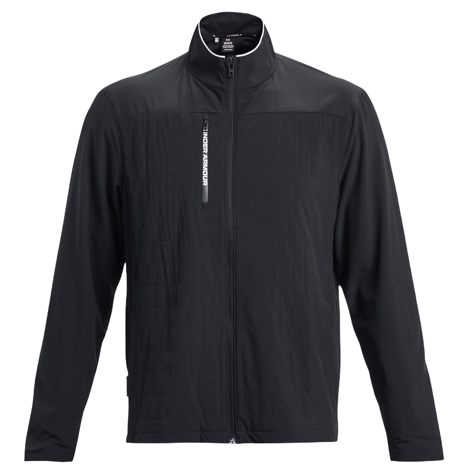 A black jacket hangs upright showcasing its zippered front and high collar made of different textured materials perfect for outdoor activities or casual wear. The design highlights sportiness and functionality.