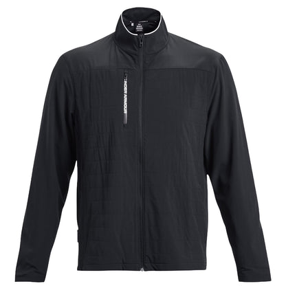 A black jacket hangs upright showcasing its zippered front and high collar made of different textured materials perfect for outdoor activities or casual wear. The design highlights sportiness and functionality.