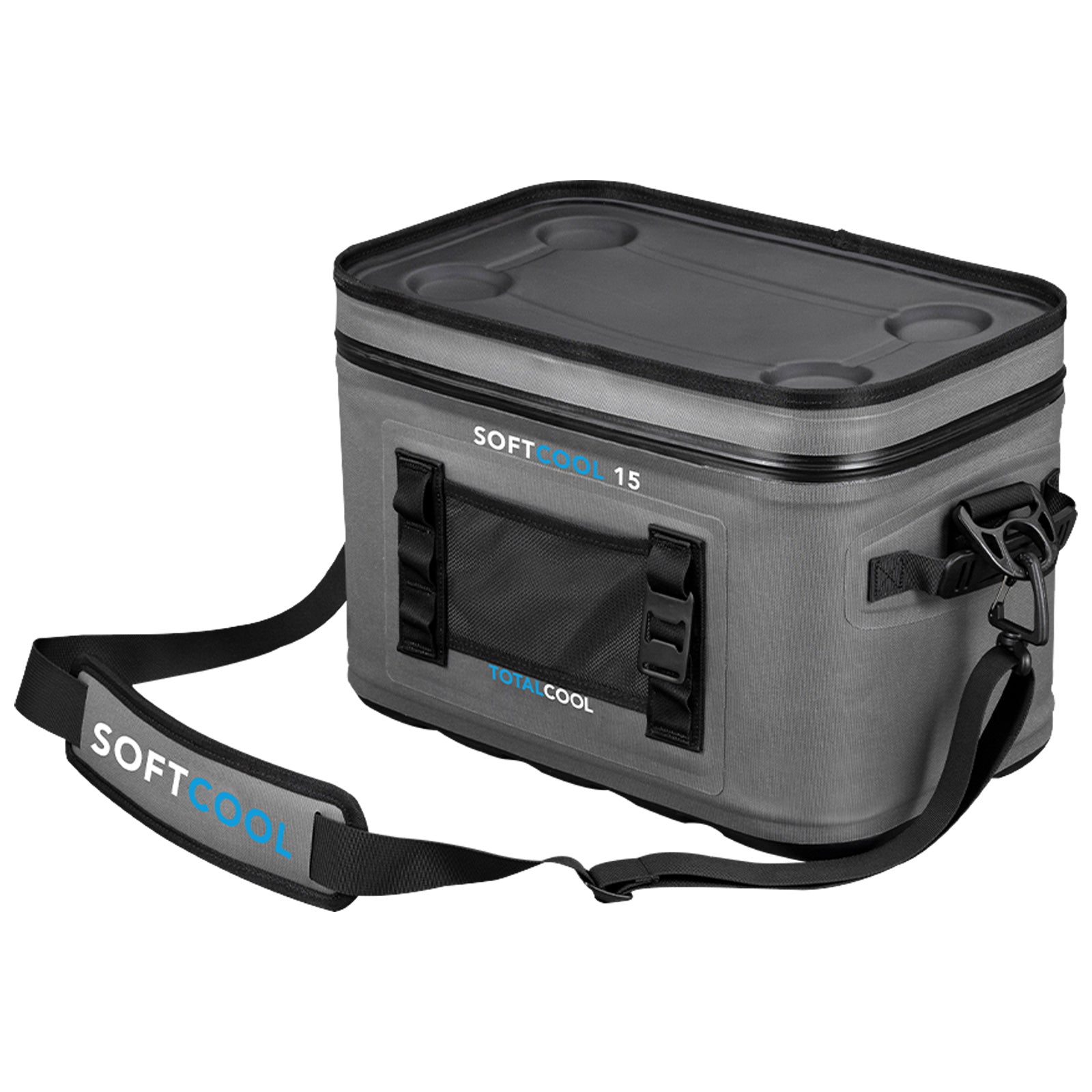 Gray soft-sided cooler with a clear top features two drink holders and a shoulder strap. It is designed for keeping items cold during outdoor activities or travel.