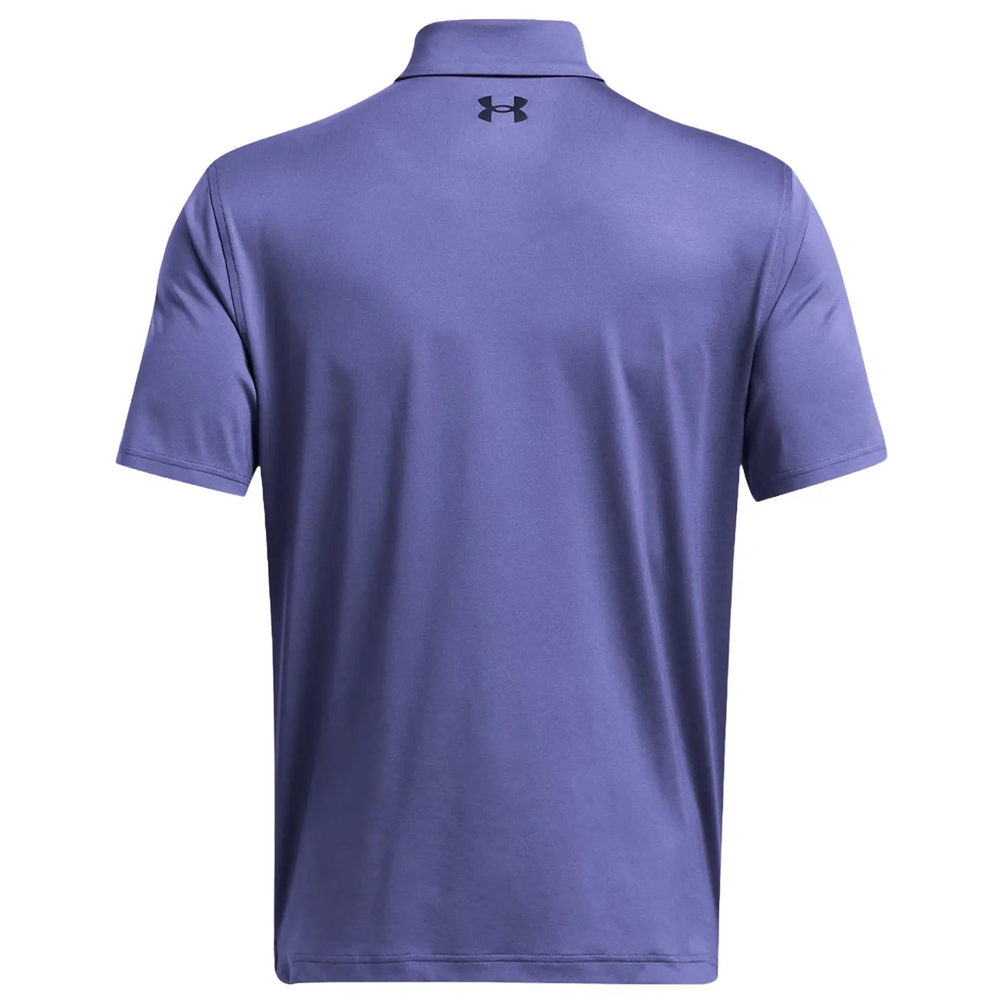 A short-sleeved purple polo shirt is displayed from the back featuring a collar and a small logo on the upper back, set against a plain white background.