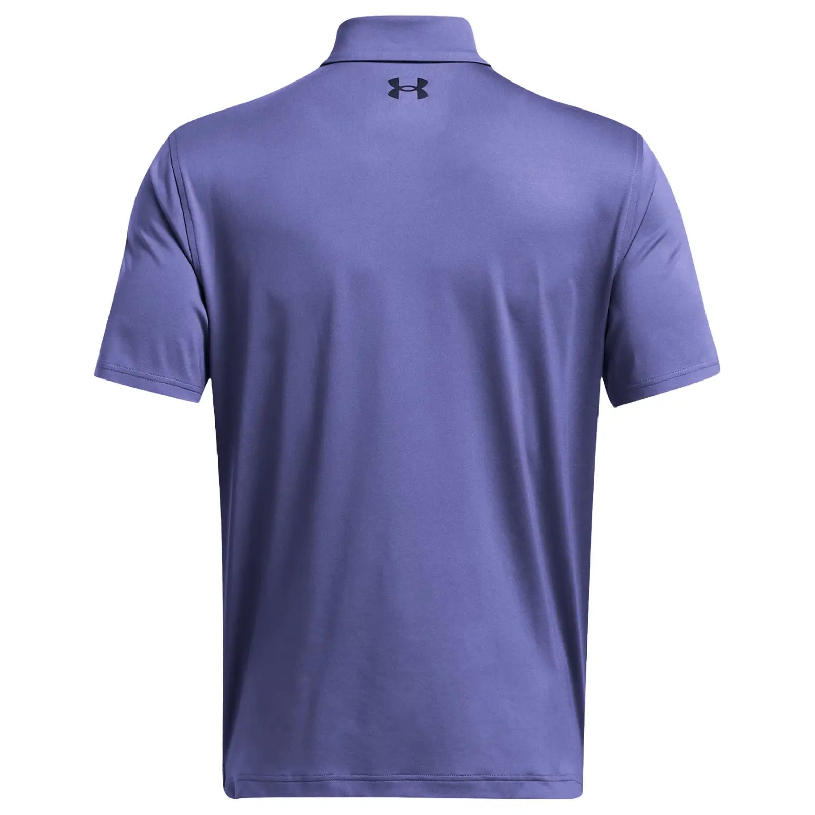 A short-sleeved purple polo shirt is displayed from the back featuring a collar and a small logo on the upper back, set against a plain white background.