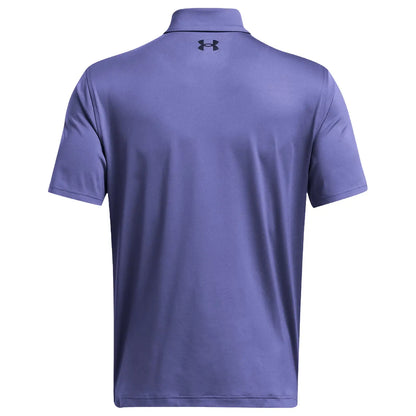 A short-sleeved purple polo shirt is displayed from the back featuring a collar and a small logo on the upper back, set against a plain white background.