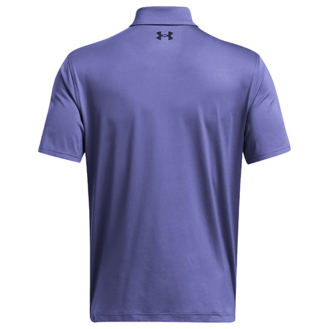 A short-sleeved purple polo shirt is displayed from the back featuring a collar and a small logo on the upper back, set against a plain white background.