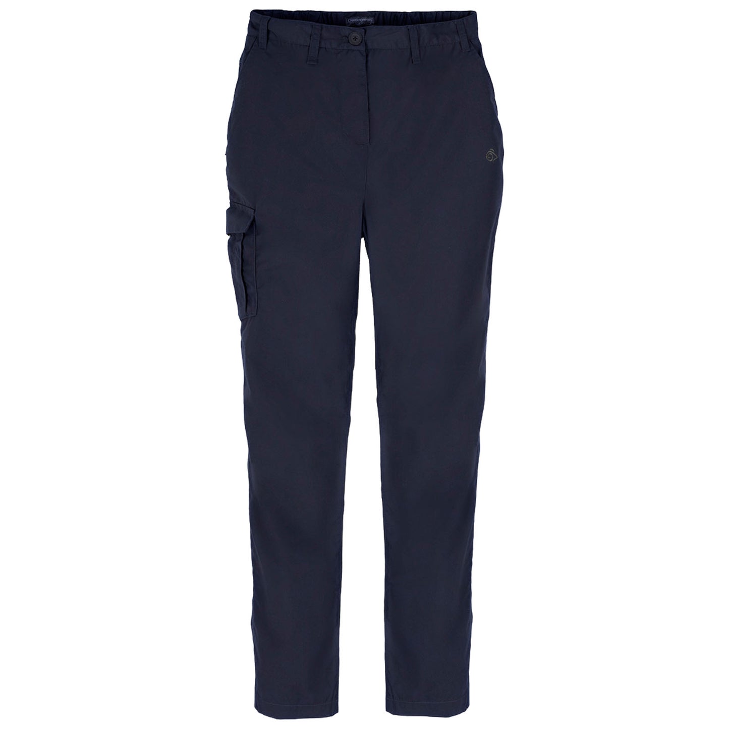 A pair of navy blue cargo pants is displayed standing upright showing a straight leg cut and a side pocket on the left thigh suitable for casual or outdoor activities.