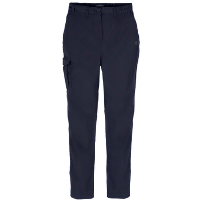 A pair of navy blue cargo pants is displayed standing upright showing a straight leg cut and a side pocket on the left thigh suitable for casual or outdoor activities.