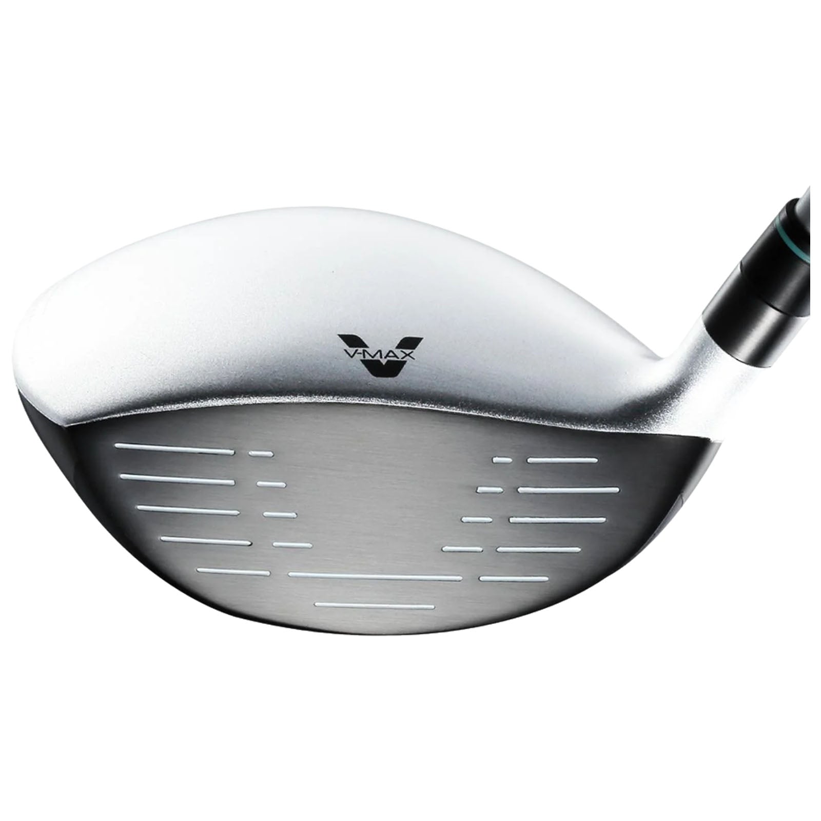 A golf driver is shown resting on its side with a metallic head featuring a smooth silver surface and markings on the face for alignment while the club's shaft is connected behind it.
