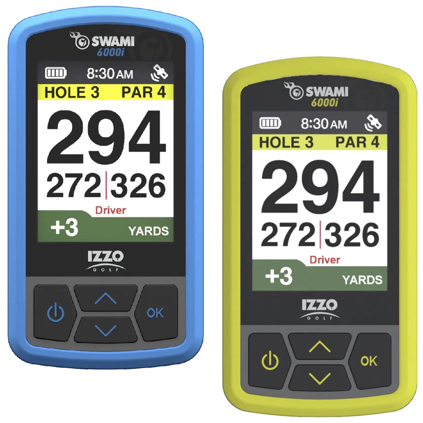 Izzo Swami 6000i Golf GPS **NEW 2024 MODEL** Two golf GPS devices show the same screen displaying hole information for a golf course. Each device indicates hole 3 par 4 with yardage and a suggested driver selection.
