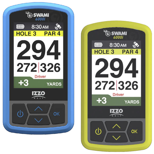 Izzo Swami 6000i Golf GPS **NEW 2024 MODEL** Two golf GPS devices show the same screen displaying hole information for a golf course. Each device indicates hole 3 par 4 with yardage and a suggested driver selection.
