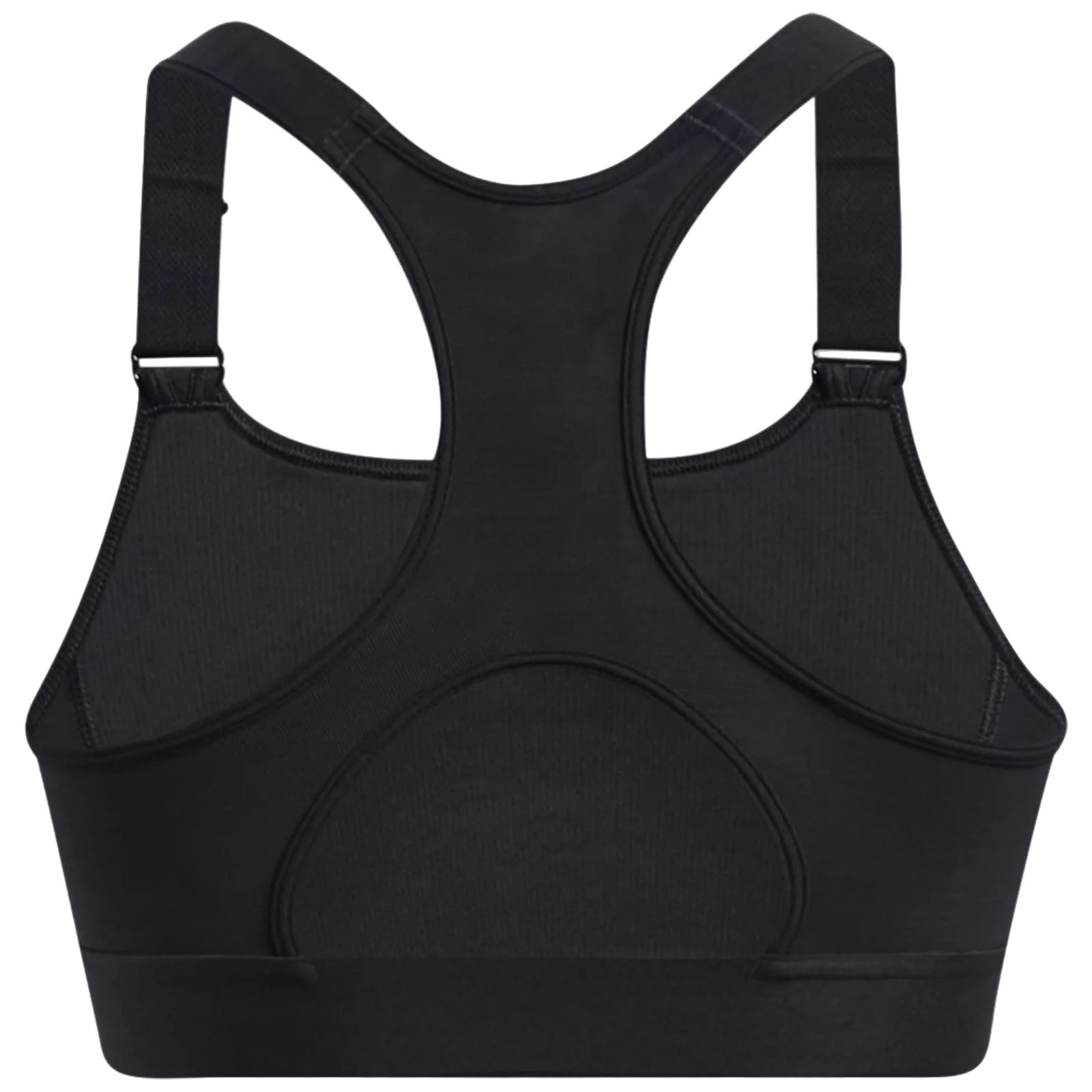 A black sports bra hangs against a plain background showcasing a racerback design with adjustable straps and a smooth finish suggesting functionality and comfort for athletic activities.