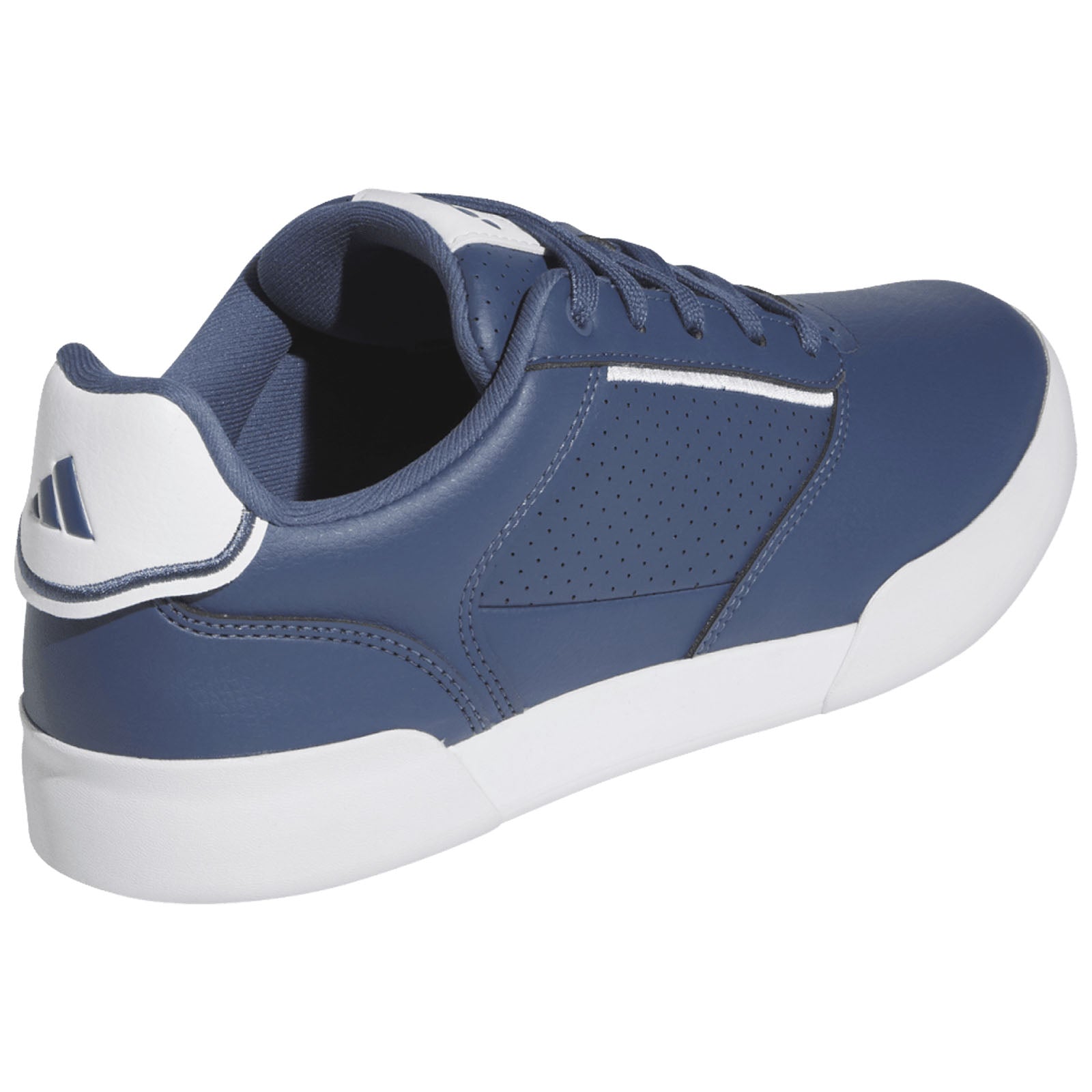 A blue athletic shoe with a white sole is positioned at an angle showcasing its rounded shape and lace-up design featuring perforated sections and a contrasting white heel tab within a plain background.