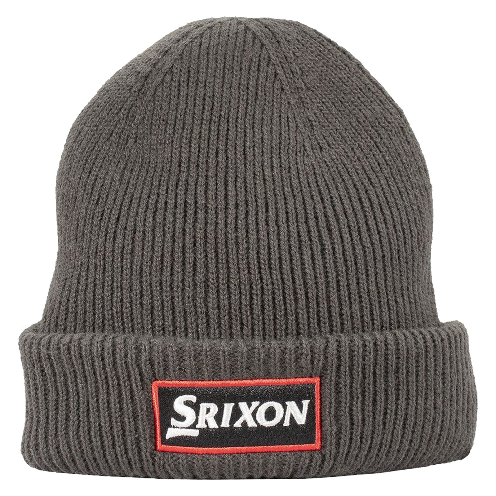 A gray knit beanie sits upright displaying a folded brim with a red and black branded patch that reads Srixon against a plain white background.