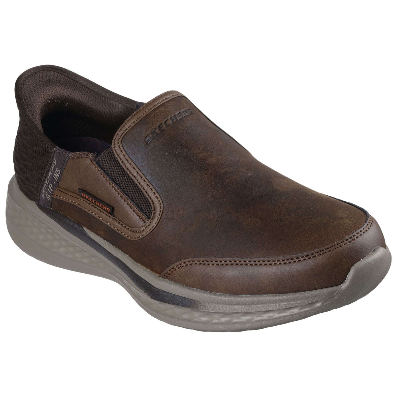 A brown slip-on shoe features a smooth leather upper with elastic side panels for easy wear and a cushioned sole providing comfort in casual settings.