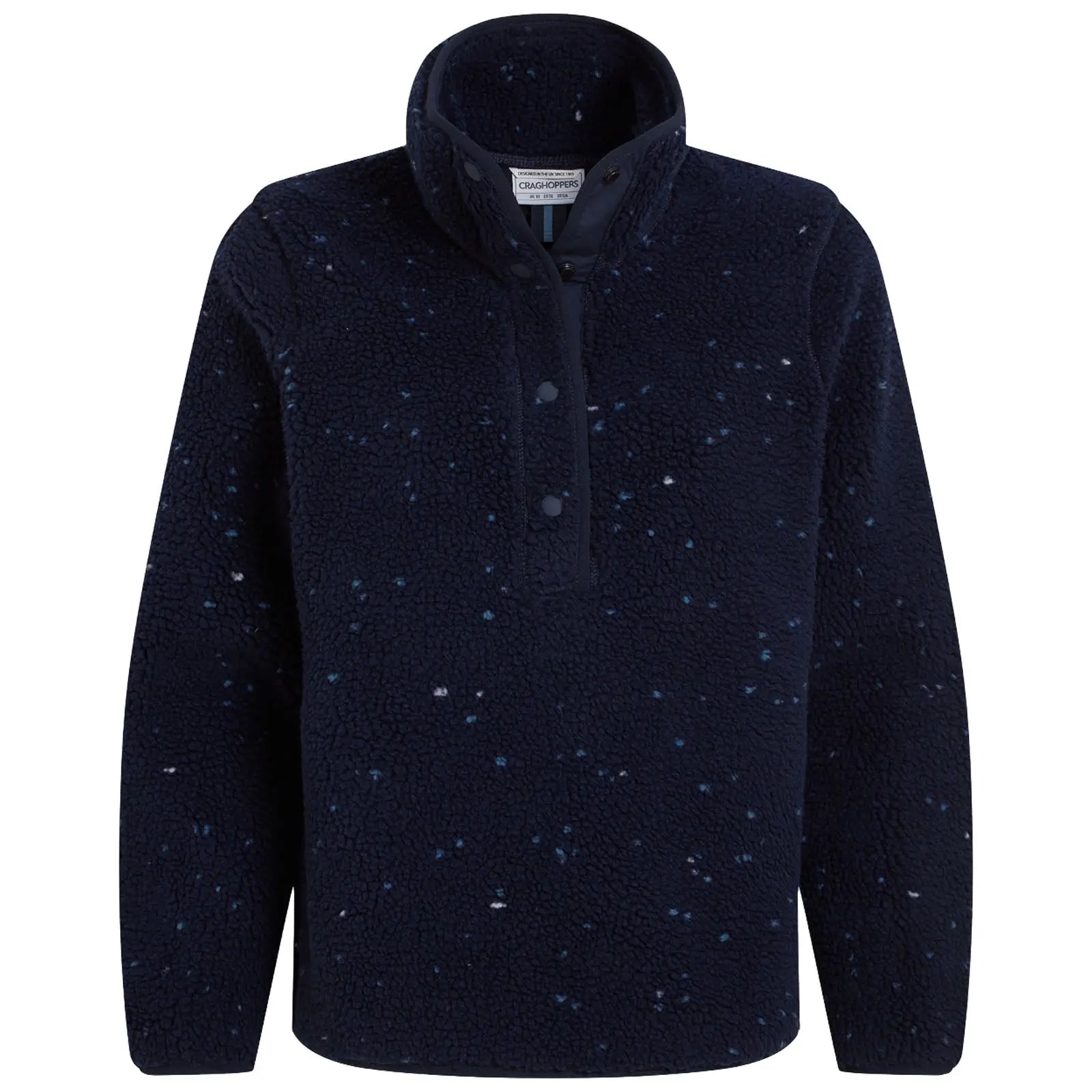 A dark navy fleece pullover features a high collar and a buttoned placket. The fabric is textured with lighter speckles, suggesting warmth and comfort.