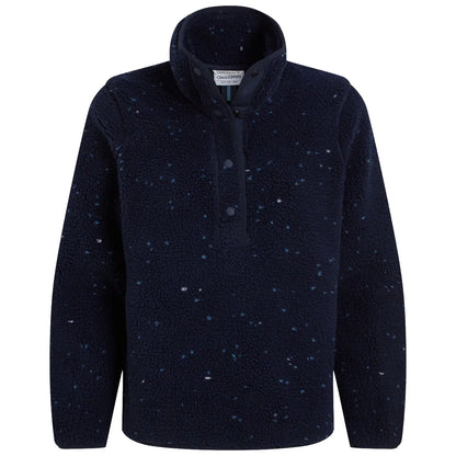 A dark navy fleece pullover features a high collar and a buttoned placket. The fabric is textured with lighter speckles, suggesting warmth and comfort.