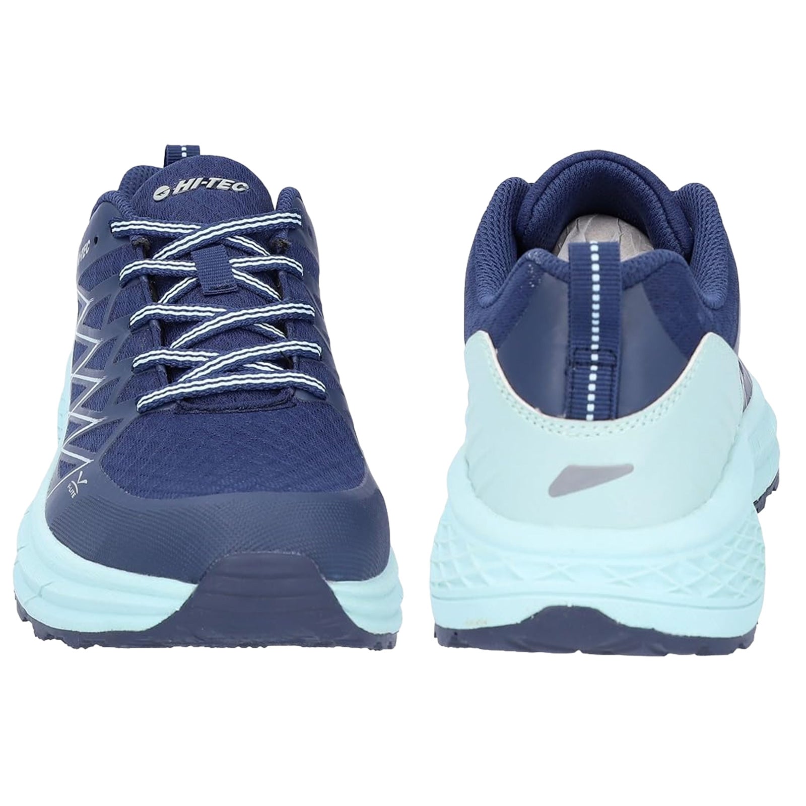 A pair of hiking shoes is displayed with a navy blue upper and light blue sole. The shoes feature laces and a padded collar, designed for outdoor activities.