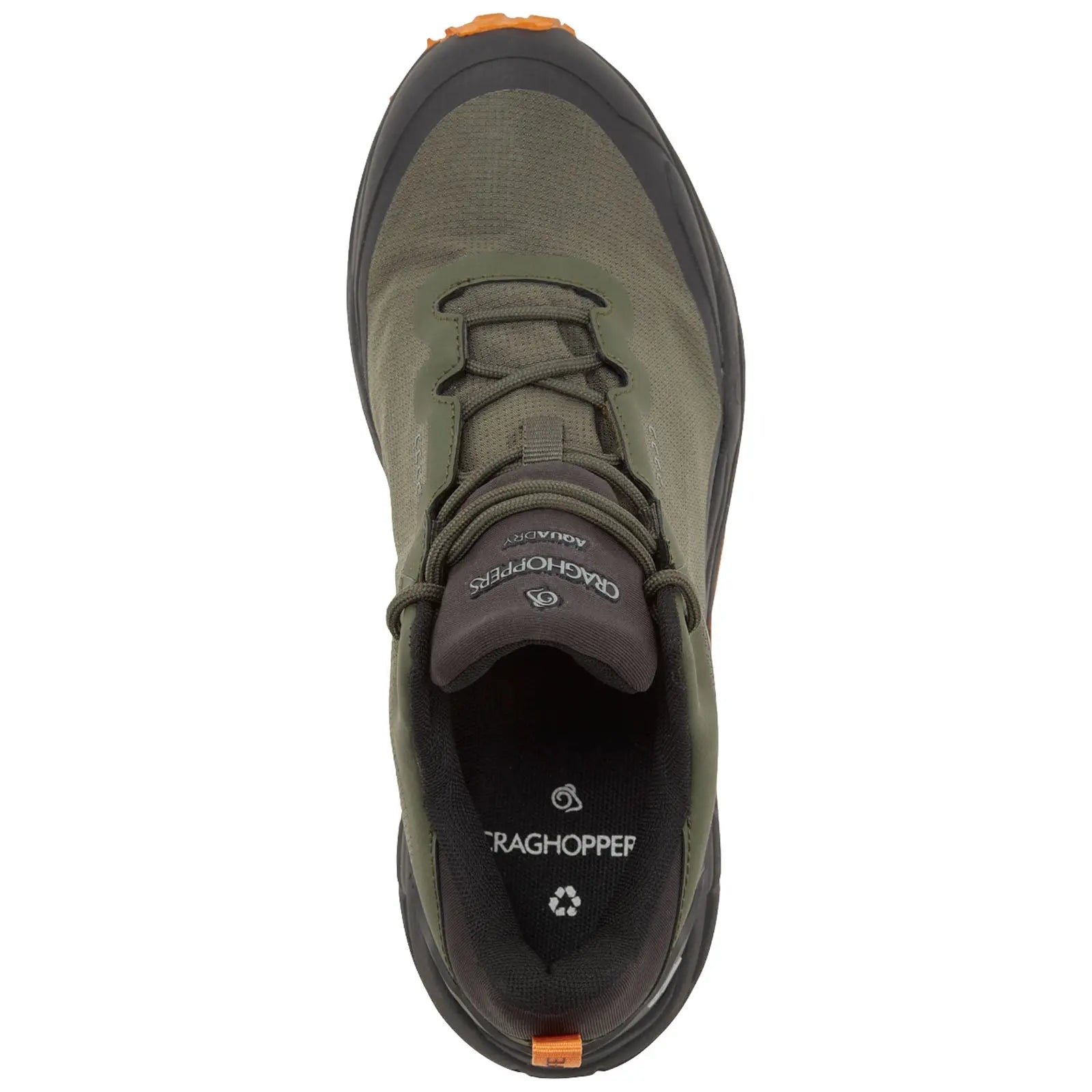 A green hiking shoe is positioned with its top view visible highlighting the laces and logo while the textured surface suggests durability suitable for outdoor activities.