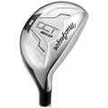 A golf club with a shiny silver head and distinctive design is positioned upright. It is typically used for striking the golf ball on a course.