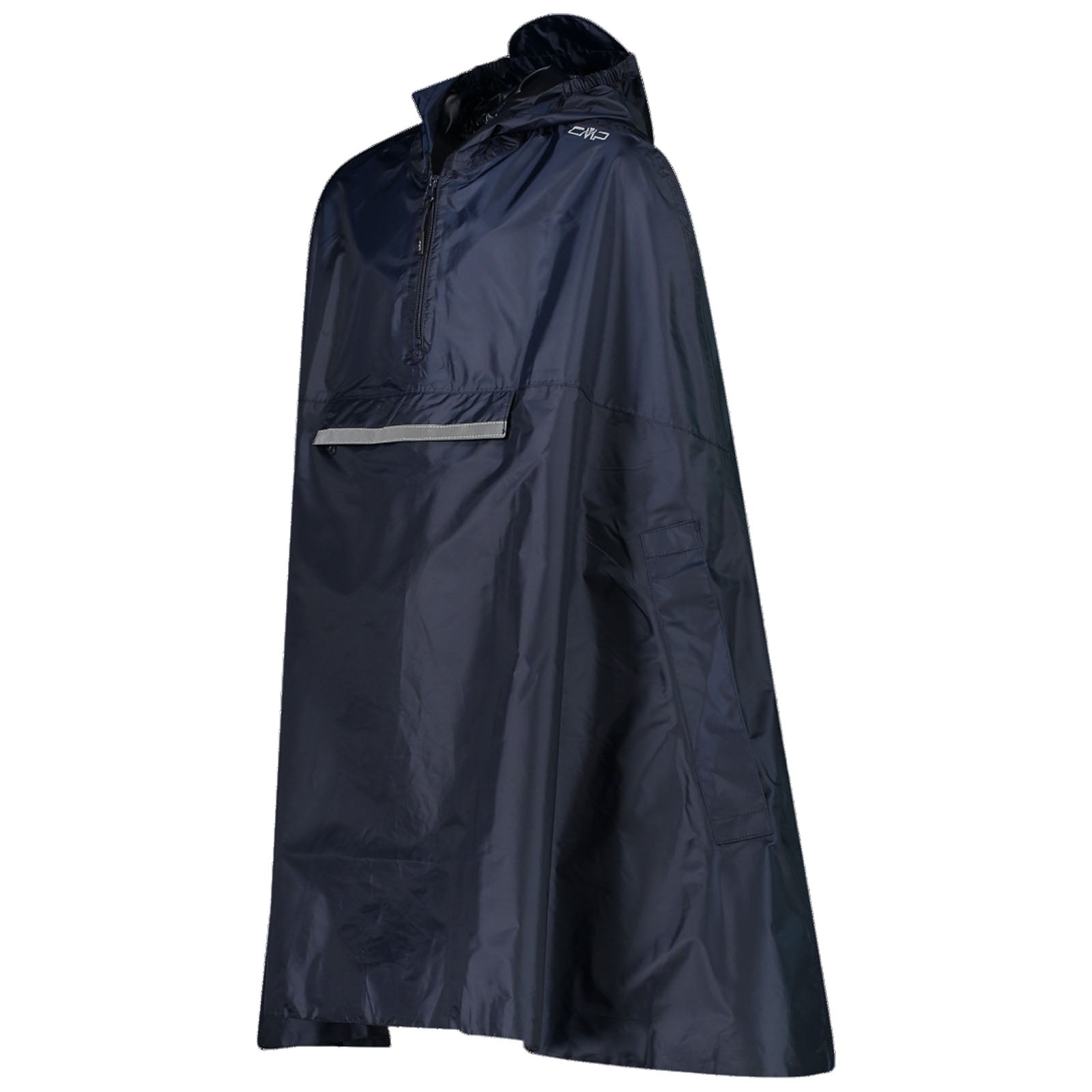 A navy rain poncho stands upright with a hood and a front zipper while featuring a pocket and reflective strip providing protection from wet weather in outdoor settings.