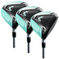 Three golf clubs are positioned side by side showcasing a sleek design with black and aqua colors the clubs are labeled with numbers indicating their loft angles 18 21 and 24 degrees.