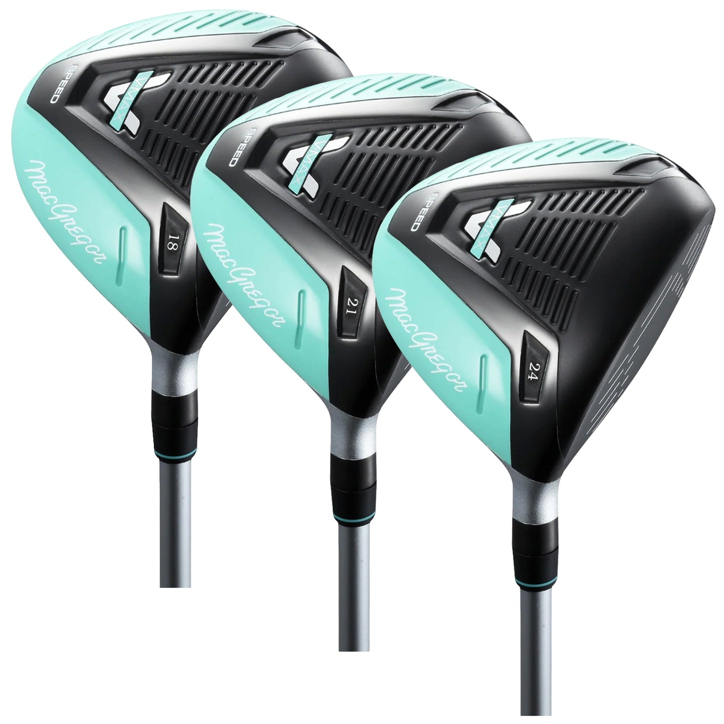 Three golf clubs are positioned side by side showcasing a sleek design with black and aqua colors the clubs are labeled with numbers indicating their loft angles 18 21 and 24 degrees.