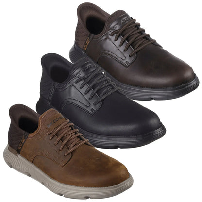 Three pairs of stylish casual shoes are displayed with varying colors of brown and black The shoes have lace-up designs and are arranged in a diagonal line showcasing their different textures and finishes