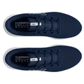 A pair of navy athletic shoes rests on a flat surface with a breathable mesh upper and white soles featuring a logo. The shoes are laced and designed for comfort.