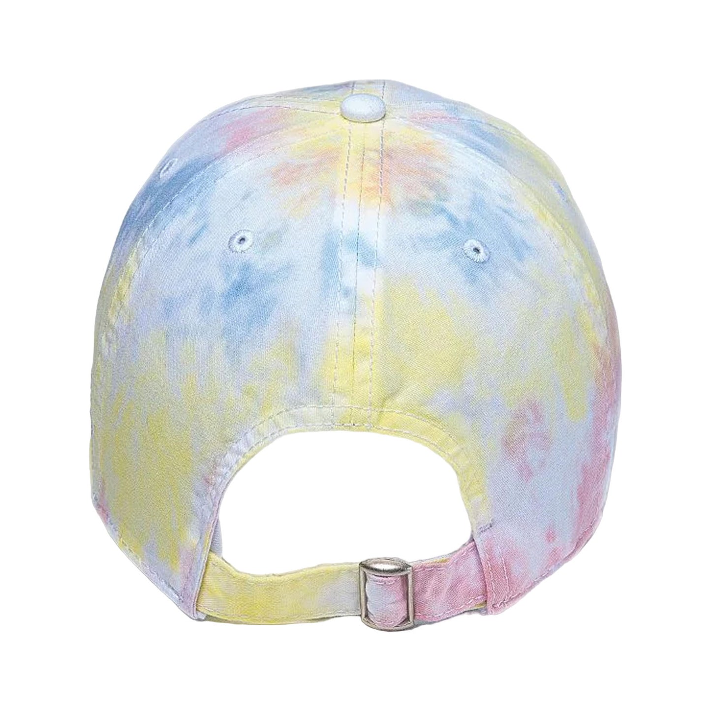 A tie-dye cap displays a colorful pattern of blue yellow and pink hues it is positioned facing away showcasing its adjustable strap and ventilation holes in a bright setting