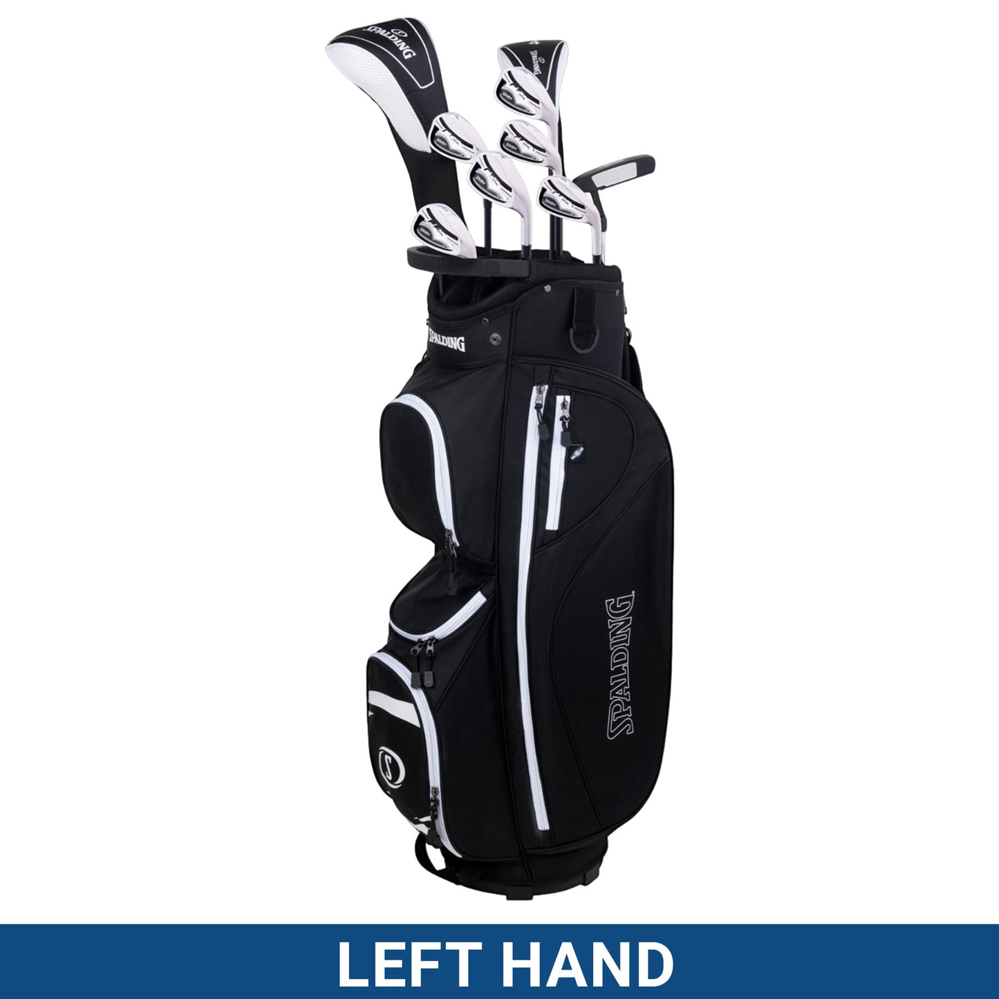 A black golf bag stands upright displaying multiple clubs protruding from the top with a focus on the left-hand usage indicated prominently at the bottom.
