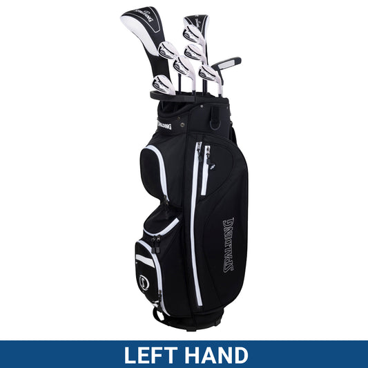 A black golf bag stands upright displaying multiple clubs protruding from the top with a focus on the left-hand usage indicated prominently at the bottom.