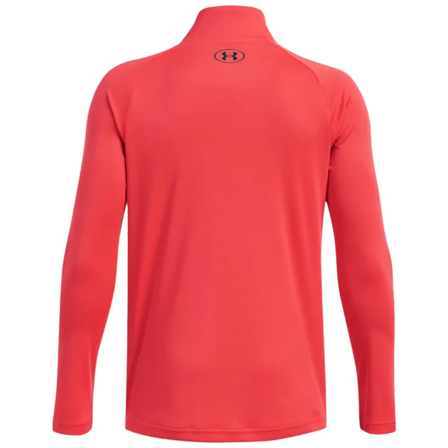 A long-sleeved athletic shirt in bright red is displayed from the back featuring a high collar and a small black logo at the neck region