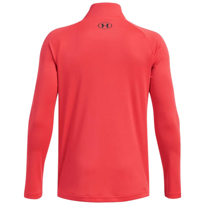 A long-sleeved athletic shirt in bright red is displayed from the back featuring a high collar and a small black logo at the neck region