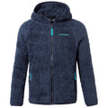 A dark navy fuzzy fleece jacket with a hood is displayed unzipped and hanging in a neutral setting showcasing its soft texture and contrasting turquoise zipper and pocket accents.