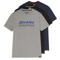 Three T-shirts in varying colors stacked from front to back gray at the front dark blue in the middle and black at the back against a white background