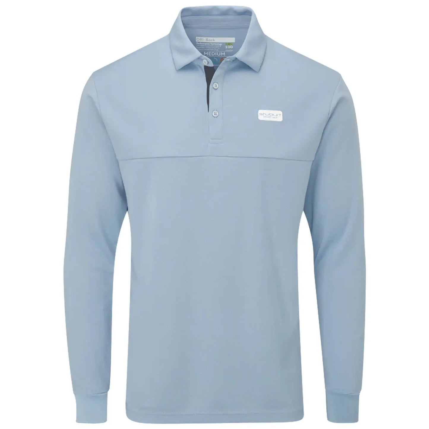 A light blue long-sleeve polo shirt hangs upright with a two-button collar and a logo patch on the chest, showcasing a simple yet stylish design suitable for casual or semi-formal occasions.