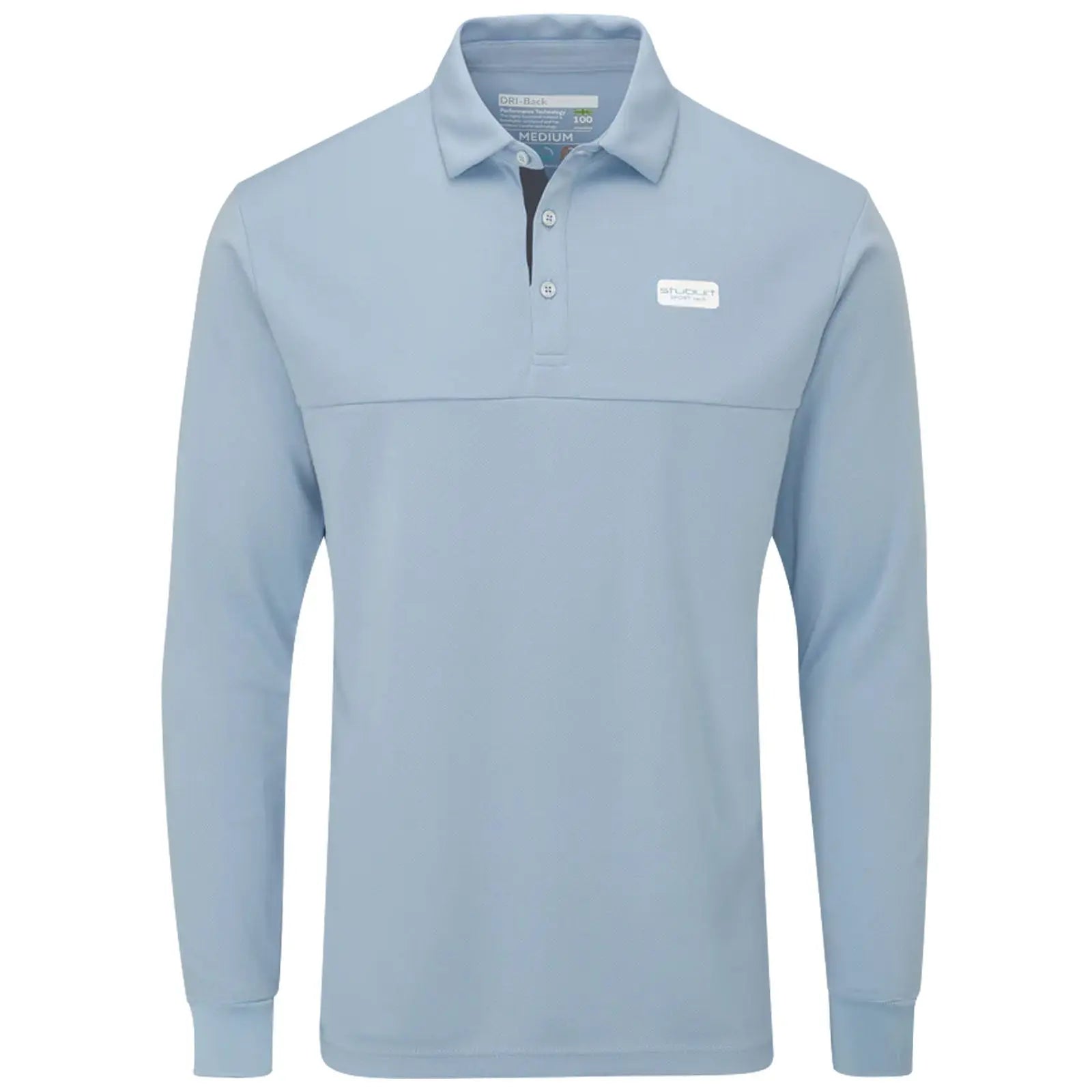 A light blue long-sleeve polo shirt hangs upright with a two-button collar and a logo patch on the chest, showcasing a simple yet stylish design suitable for casual or semi-formal occasions.
