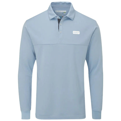 A light blue long-sleeve polo shirt hangs upright with a two-button collar and a logo patch on the chest, showcasing a simple yet stylish design suitable for casual or semi-formal occasions.