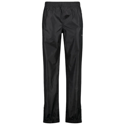 Black waterproof pants hang vertically with an elastic waistband and adjustable cuffs at the ankles designed for outdoor activities in wet conditions showcasing a sleek and functional design.