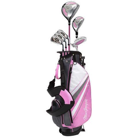 A golf bag stands upright featuring various golf clubs including drivers and irons with sleek silver heads and pink accents against a primarily black and white background.