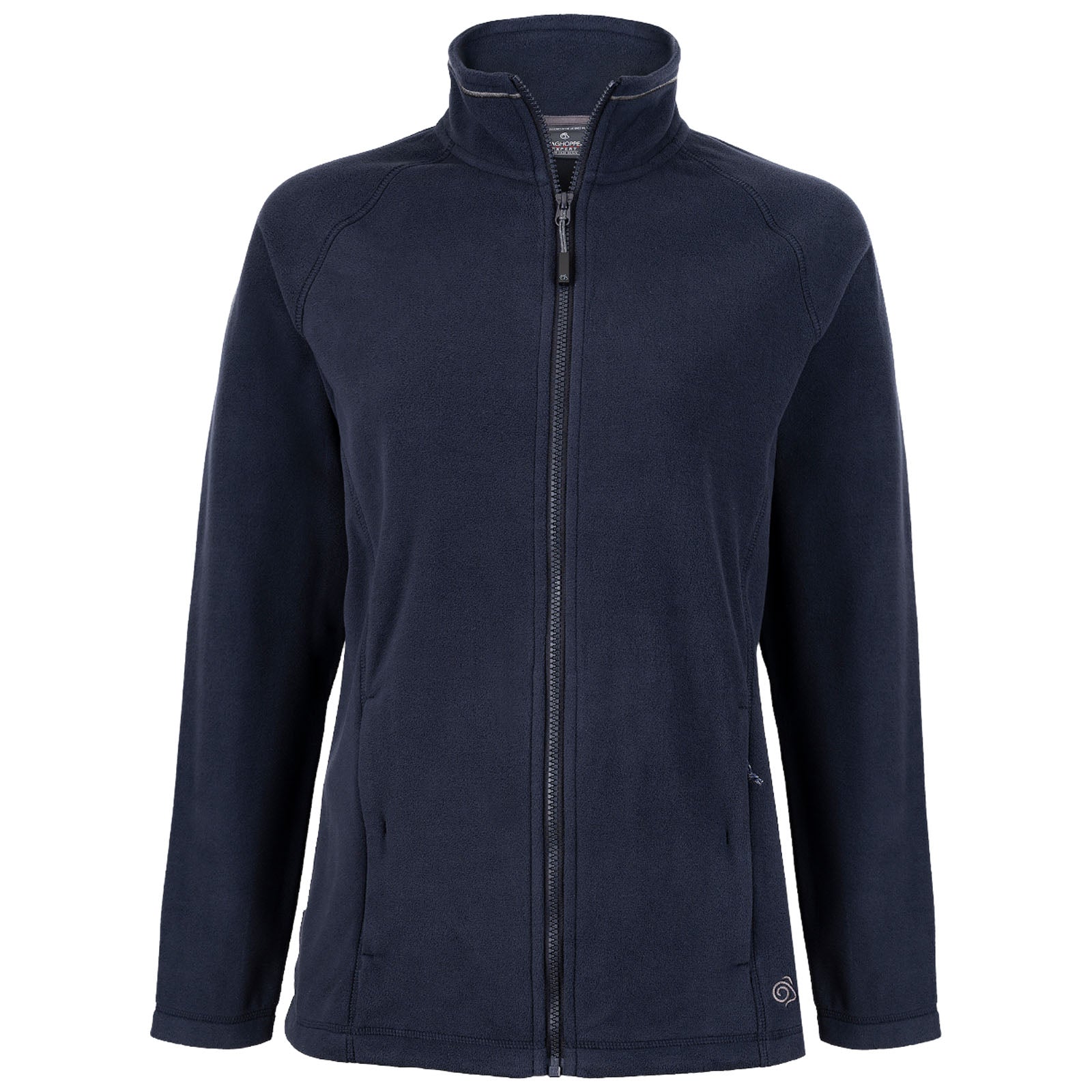 A navy fleece jacket is displayed with a full zipper and standing collar highlighting its soft texture and long sleeves suitable for cooler weather in casual or outdoor settings.