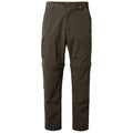 Green hiking pants are displayed standing upright with a button closure and pockets on the sides suitable for outdoor activities designed for comfort and mobility in rugged environments.