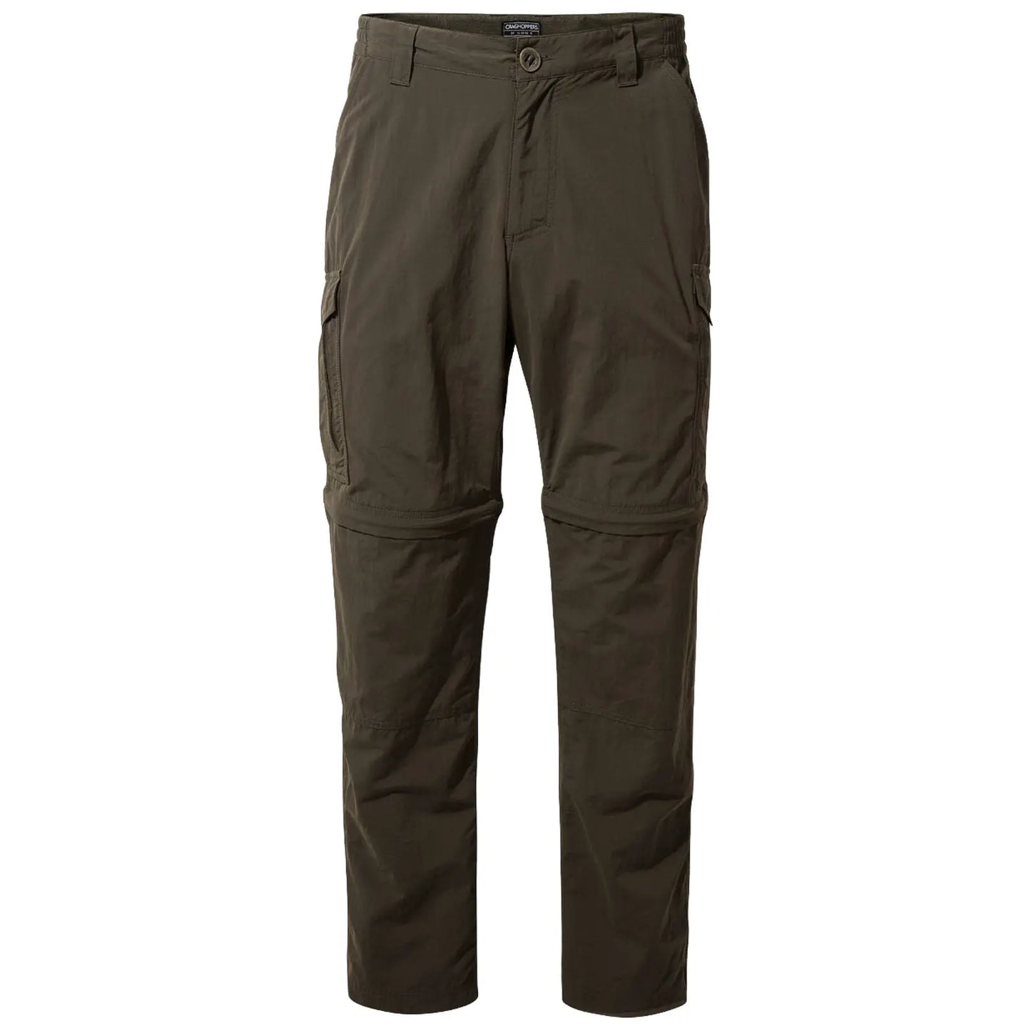 Green hiking pants are displayed standing upright with a button closure and pockets on the sides suitable for outdoor activities designed for comfort and mobility in rugged environments.