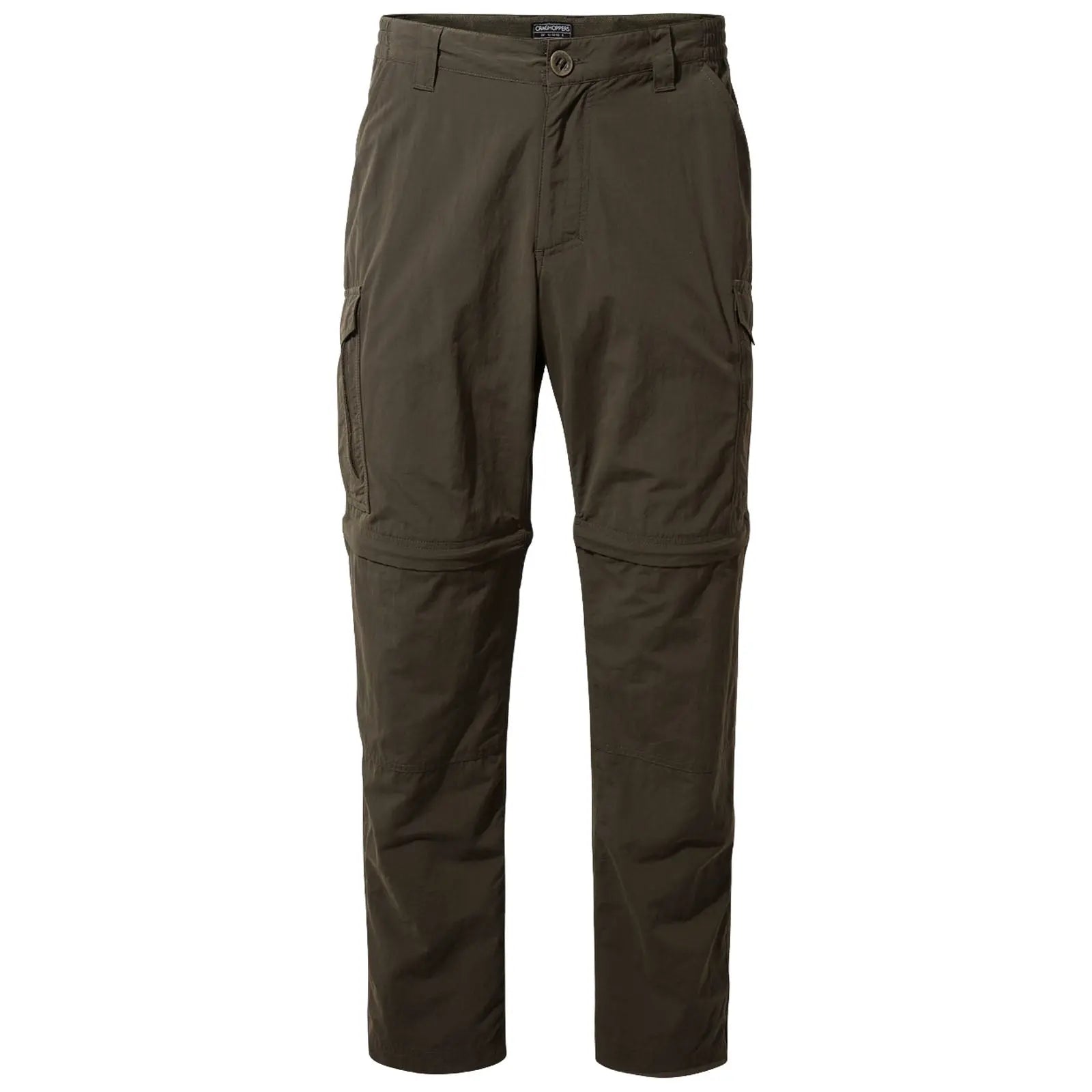 Green hiking pants are displayed standing upright with a button closure and pockets on the sides suitable for outdoor activities designed for comfort and mobility in rugged environments.