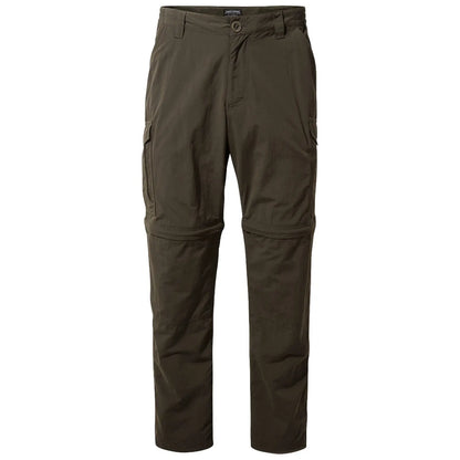 Green hiking pants are displayed standing upright with a button closure and pockets on the sides suitable for outdoor activities designed for comfort and mobility in rugged environments.