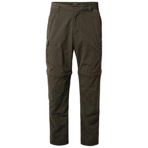 Green hiking pants are displayed standing upright with a button closure and pockets on the sides suitable for outdoor activities designed for comfort and mobility in rugged environments.
