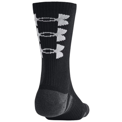 A black sock is displayed upright with white logo designs along the side featuring arrows. The sock's texture appears ribbed and contours to a foot shape.
