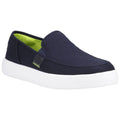 A navy slip-on shoe features a breathable fabric upper and a white rubber sole with textured detailing giving it a casual appearance suitable for everyday wear. The interior has a bright green lining.