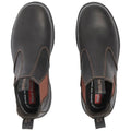Black leather ankle boots are positioned upright showcasing rounded toes and elastic side panels designed for easy wear with a textile lining and branding visible inside and on the pull tab