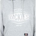 A gray hoodie with a large white logo reading DICKIES is displayed the hoodie features a front pocket and drawstrings the background is neutral and unobtrusive